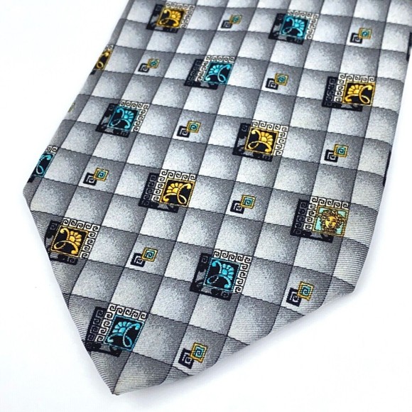 GIANNI VERSACE Vintage 90s Tie Baroque Flower Medusa Grey Squares Plaid Necktie - Picture 3 of 12